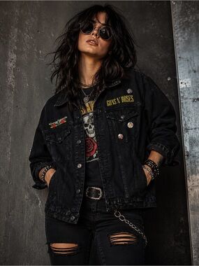 Guns N Roses Black Denim Jacket Skull Cross Logo Back Graphic Size L Unisex